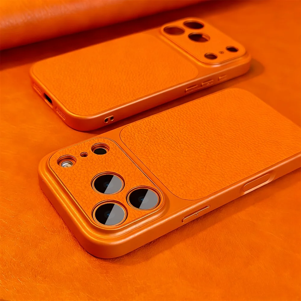 Capa Para Iphone 15 Pro Laranja, Estilo Empresarial, Em Couro Sintético Fosco, Resistente A Impactos E Colisões.