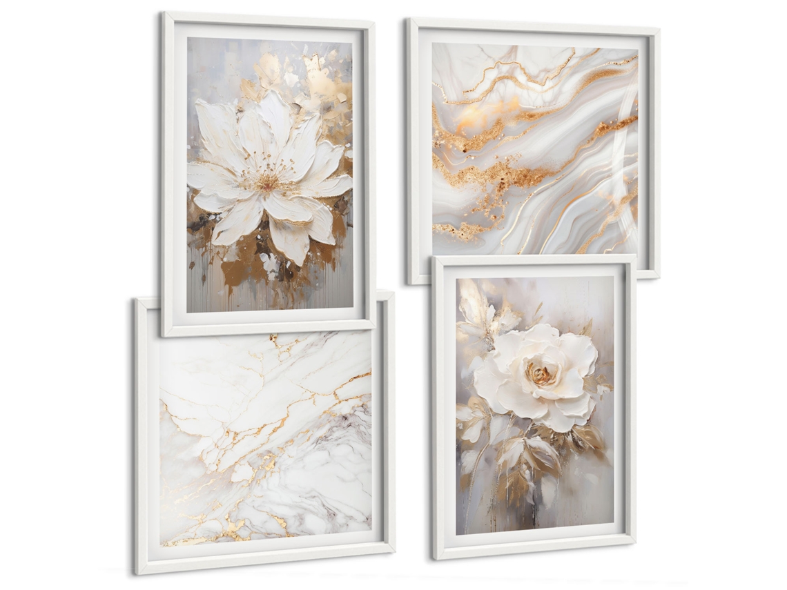 Quadros Decorativos Para Parede Flores, Fundo Claro, Abstrações Moldura Branca Fotos Para O Escritório Espelharte (conjunto De 4 Imagens)