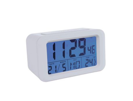FISURA Despertador Digital Led Branco. Relógio com Data e Indicador de Temperatura. 2 Alarmes. 2 Pilhas Aaa. Medidas: 12 X 5,5 X 7 Cm