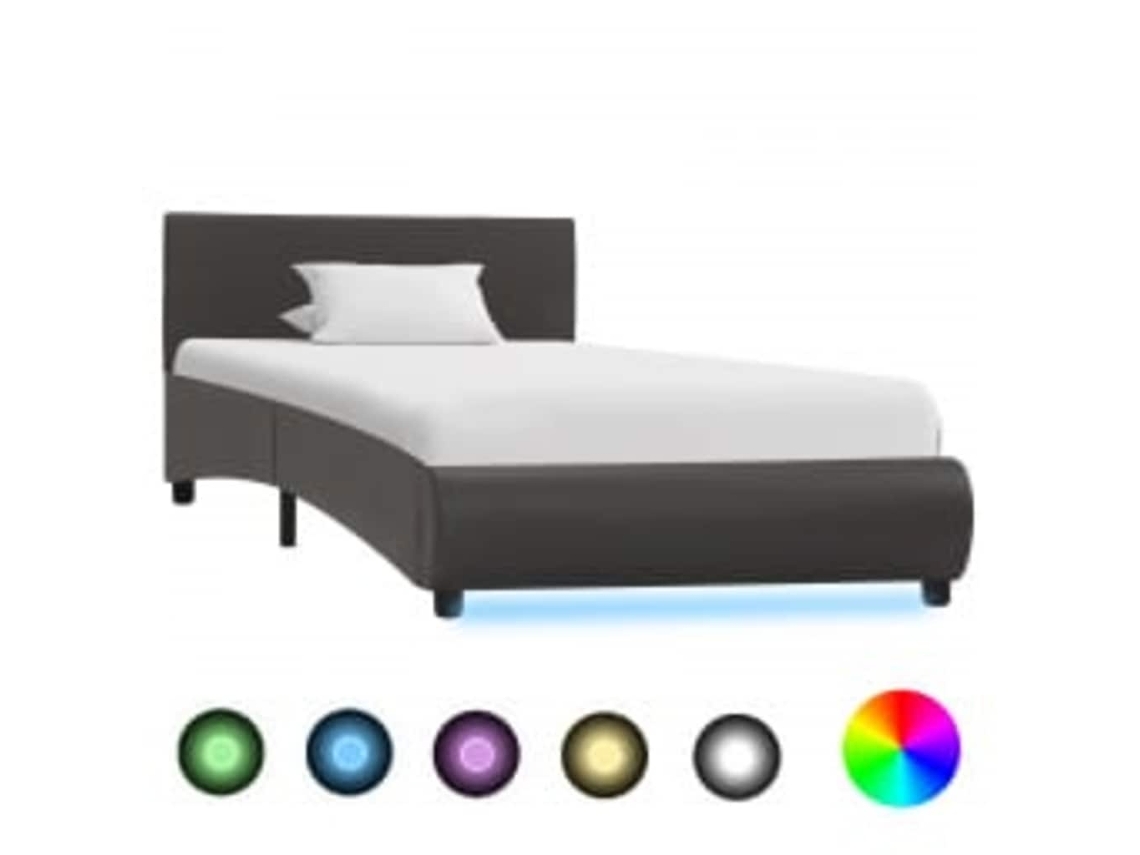 Vidaxl Estrutura De Cama C/ Leds 90x200 Cm Couro Artificial Cinzento
