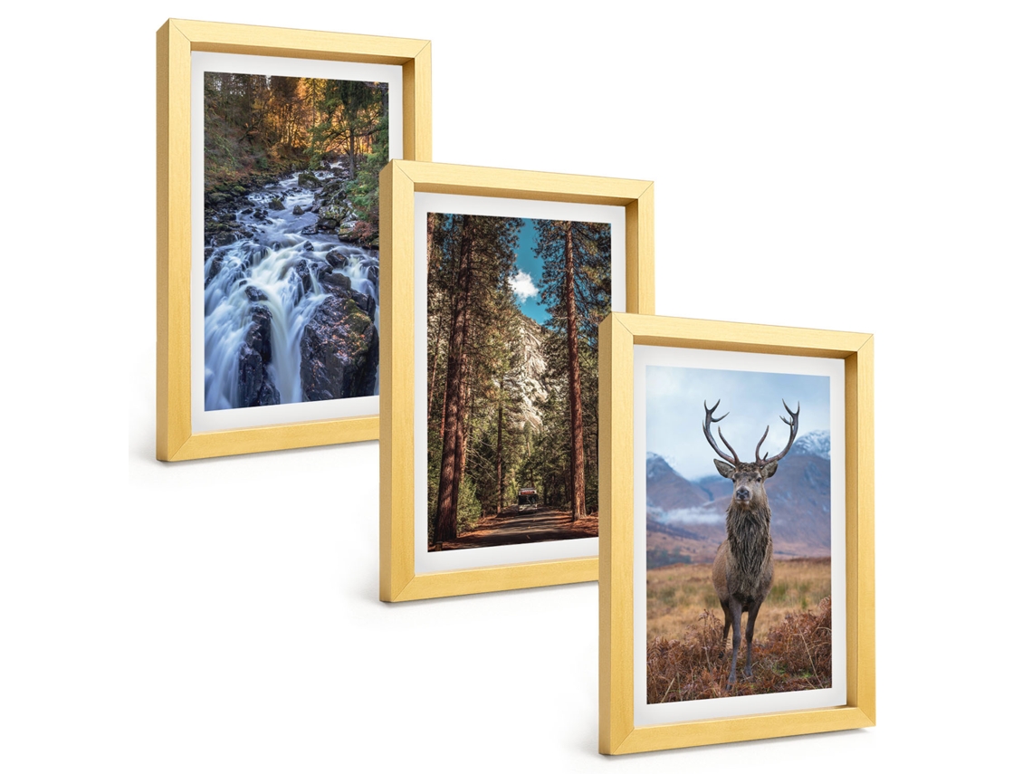 Quadros Decorativos Para Paredecachoeira, Floresta, Montanhas, Veado Natureza Moldura Dourada Quadros Para O Escritório Espelharte (3 Peças 20x30 Cm)