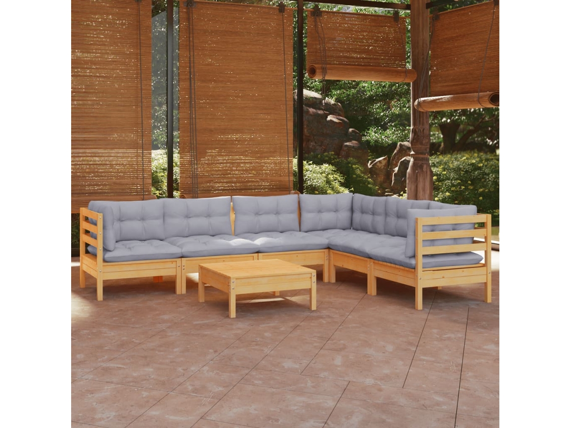 Vidaxl 7 Pcs Conjunto Lounge de Jardim + Almofadões Cinza Pinho Maciço