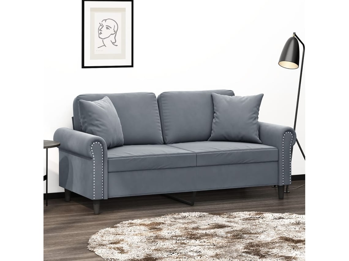 Sofá 2 Lug. com Almofadas Decorativas 140 Cm Veludo Cinza-Escuro PANGSHIYUAN