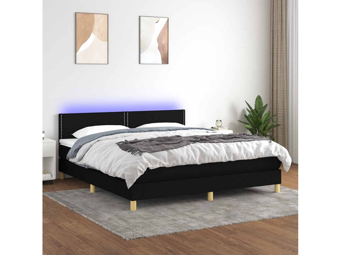 Vidaxl Cama Box Spring C/ Colchão E Led 160x200 Cm Tecido Preto
