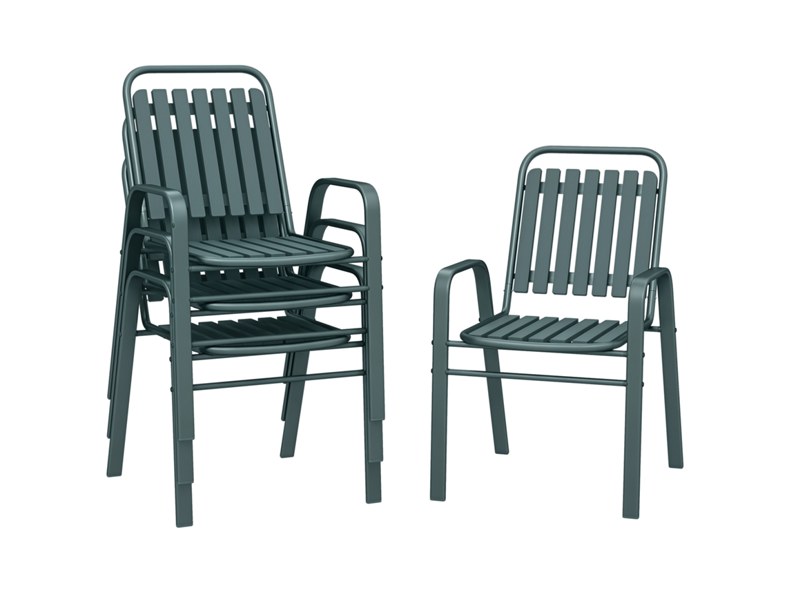 Conjunto de 4 Cadeiras de Jardim Empilháveis para Exterior, Encosto Reclinável, Apoios de Braço, Estrutura de Aço, 56x66x91cm, Cinza LAMAISON