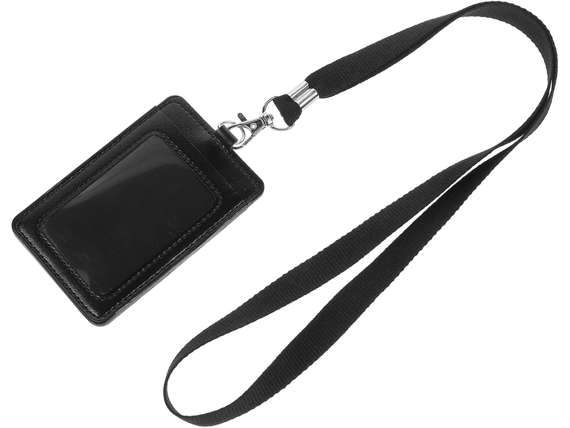 Porta Crachá Vertical Em Couro Pu Preto Com Capa Protetora Transparente, Cordão Removível E Clipe Giratório Para