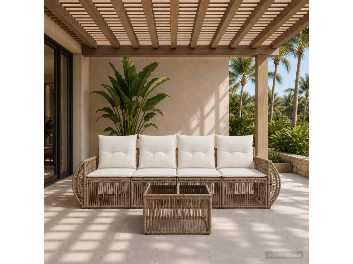 Vidaxl Conjunto De Sofá De Jardim 5 Pcs Bege E Branco Creme Vime Pe