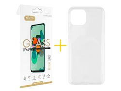 Conjunto 1 x Película de Vidro Temperado 2.5D + Capa Accetel Apple iPhone 14 Plus Silicone Líquido Transparente Clear