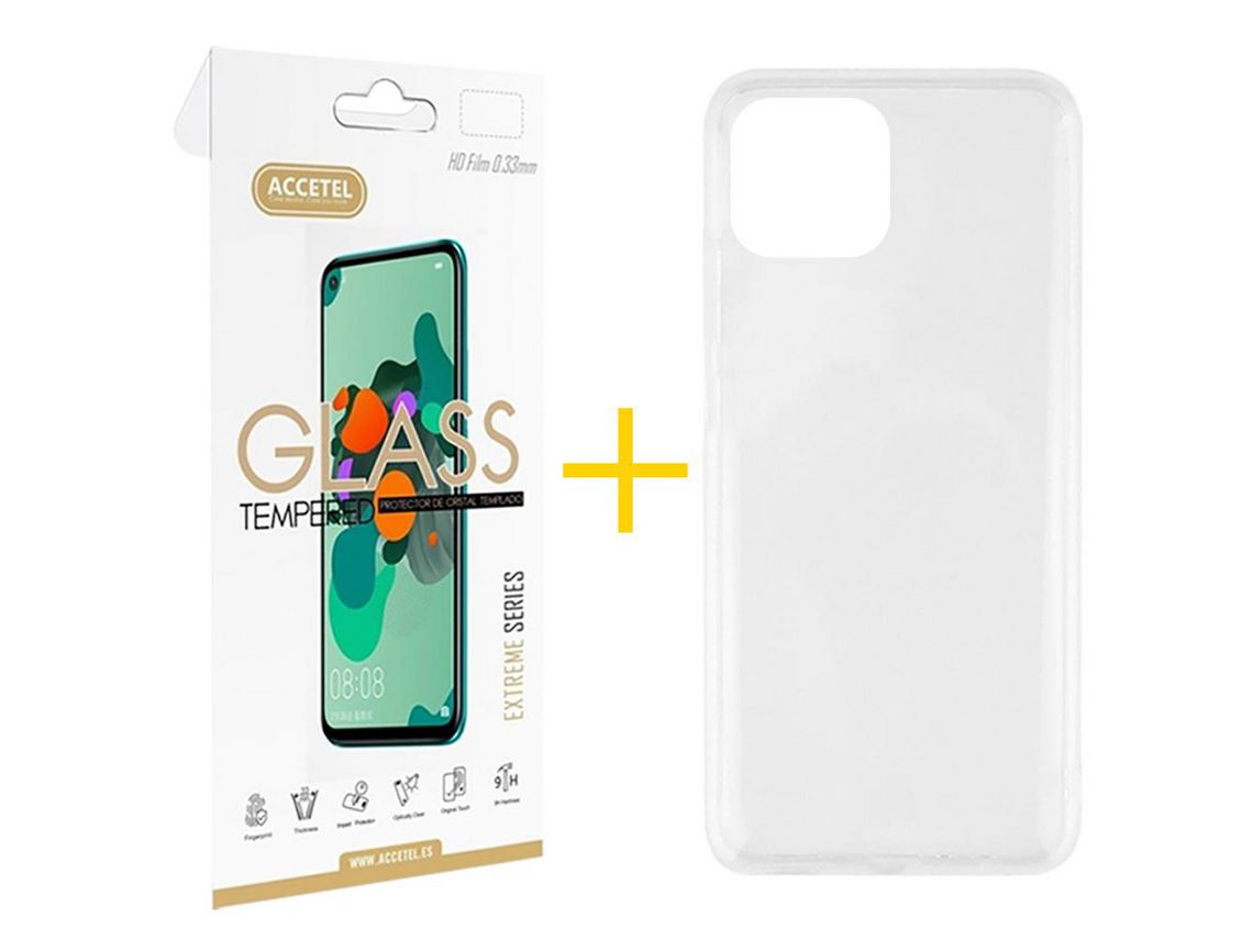 Conjunto 1 x Película de Vidro Temperado 2.5D + Capa Accetel Apple iPhone 14 Plus Silicone Líquido Transparente Clear