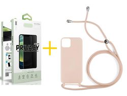 Conjunto 1 x Película de Vidro Temperado Anti-Spy e Capa SKYHE  Apple iPhone 14 Gel Rope Rosa Pastel