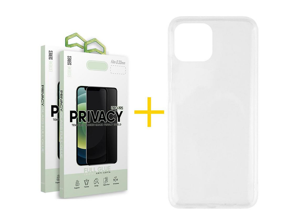 Conjunto 2 x Película de Vidro Temperado Anti-Spy e Capa SKYHE  Apple iPhone 14 Silicone Líquido Transparente Clear