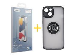 Conjunto 1 x Película de Vidro Temperado Anti-Estático e Capa ACCETEL  Apple iPhone 14 Gel Bumper Ring Preto