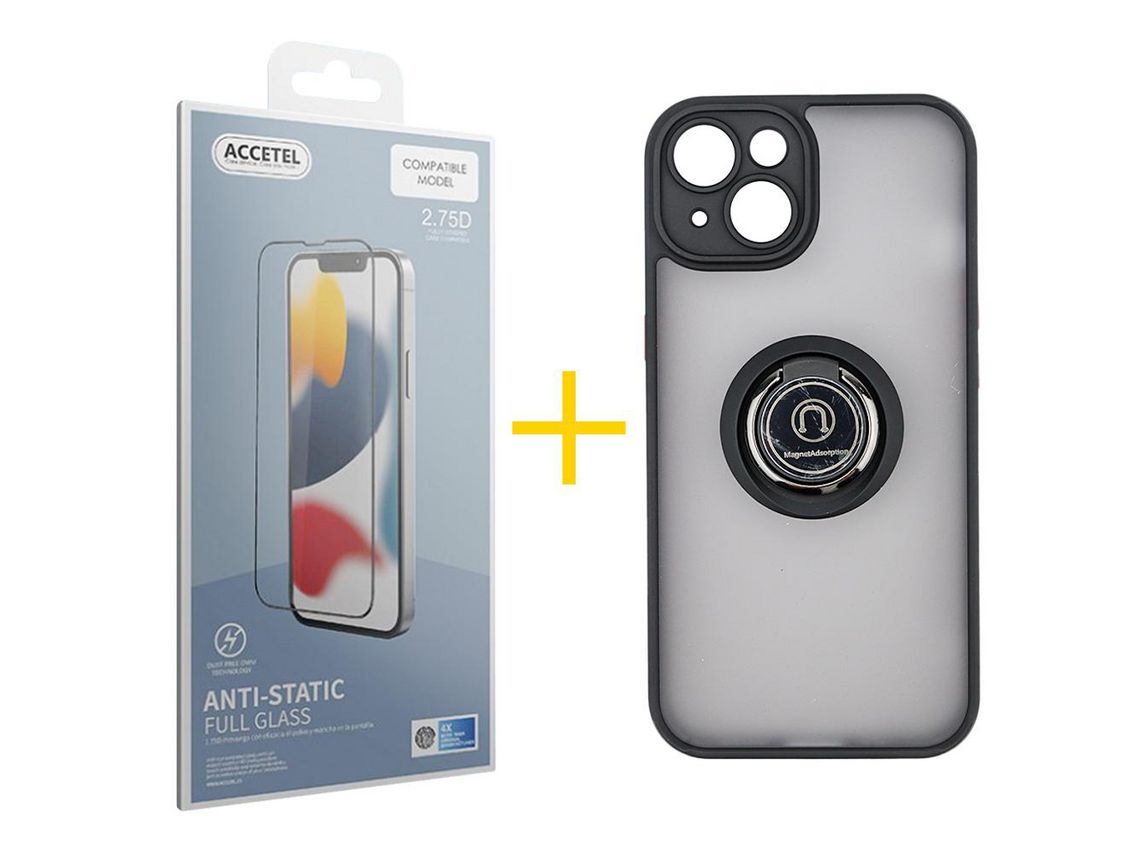 Conjunto 1 x Película de Vidro Temperado Anti-Estático e Capa ACCETEL  Apple iPhone 14 Gel Bumper Ring Preto
