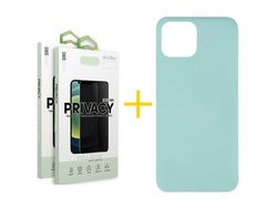 Conjunto 2 x Película de Vidro Temperado Anti-Spy + Capa skyhe Apple iPhone 14 Plus Silicone Líquido Verde-Água