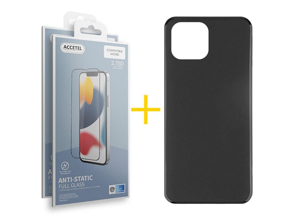 Conjunto 2 x Película de Vidro Temperado Anti-Estático + Capa Accetel Apple iPhone 14 Plus Silicone Liso Preto