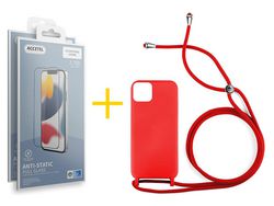 Conjunto 2 x Película de Vidro Temperado Anti-Estático e Capa ACCETEL  Apple iPhone 14 Gel Rope Vermelho