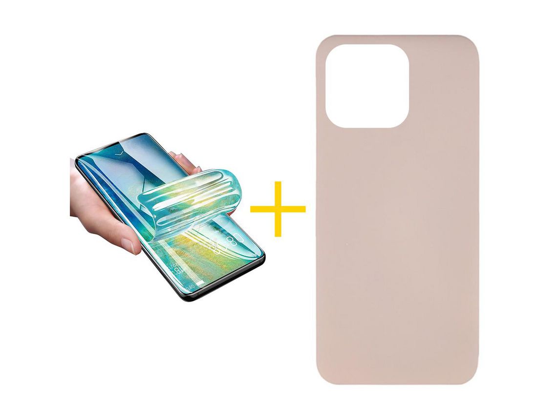 Conjunto 1 x Película de Hidrogel + Capa Accetel Apple iPhone 14 Pro Silicone Líquido Rosa-Creme
