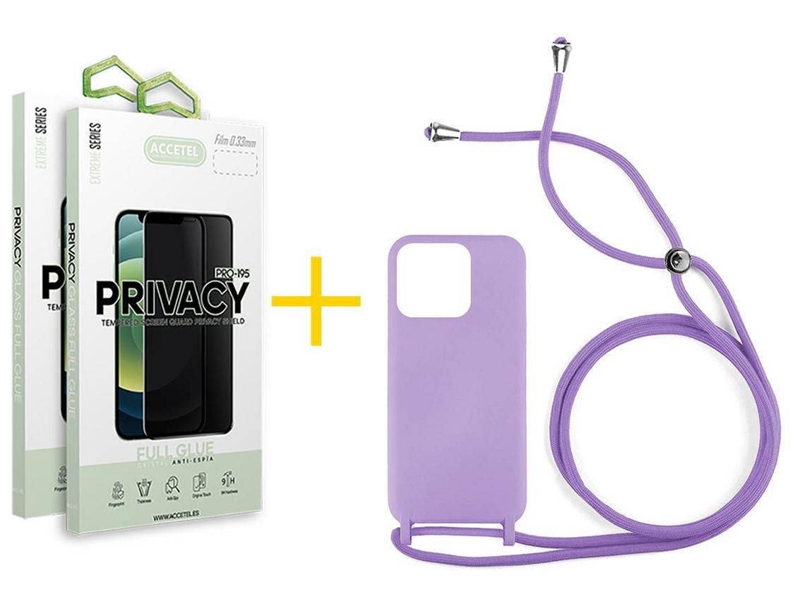 Conjunto 2 x Película de Vidro Temperado Anti-Spy + Capa Accetel Apple iPhone 14 Pro Max Gel Rope Lilás