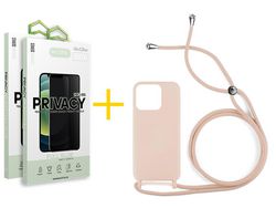 Conjunto 2 x Película de Vidro Temperado Anti-Spy + Capa Accetel Apple iPhone 14 Pro Gel Rope Rosa Pastel