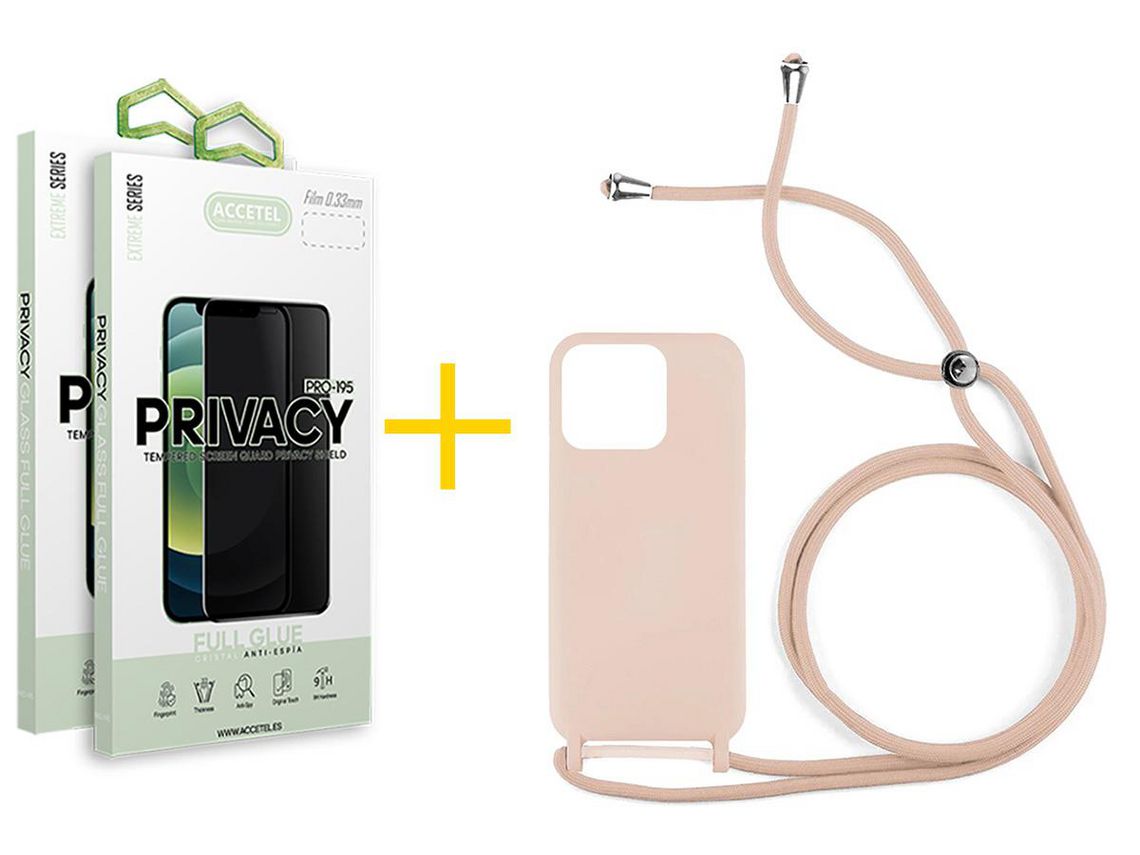 Conjunto 2 x Película de Vidro Temperado Anti-Spy + Capa Accetel Apple iPhone 14 Pro Gel Rope Rosa Pastel