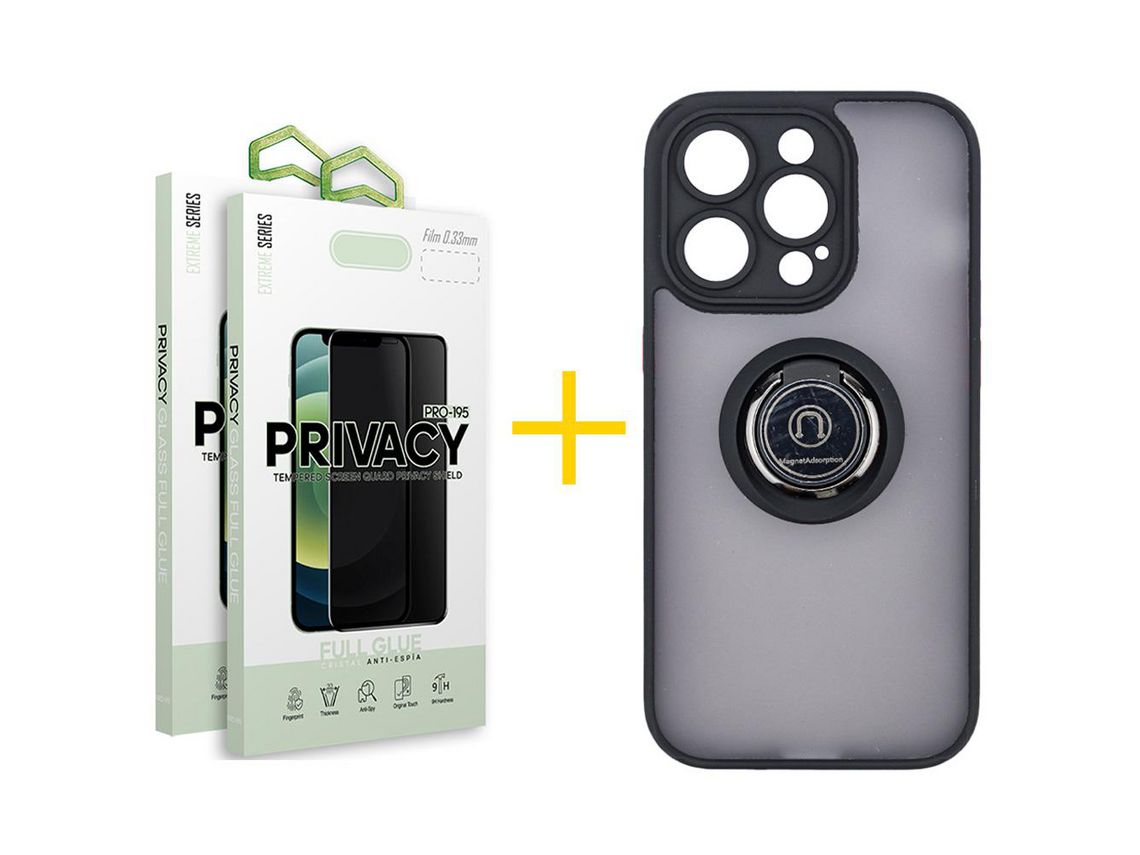 Conjunto 2 x Película de Vidro Temperado Anti-Spy + Capa skyhe Apple iPhone 14 Pro Gel Bumper Ring Preto