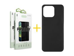 Conjunto 2 x Película de Vidro Temperado Anti-Spy + Capa skyhe Apple iPhone 14 Pro Silicone Líquido Preto