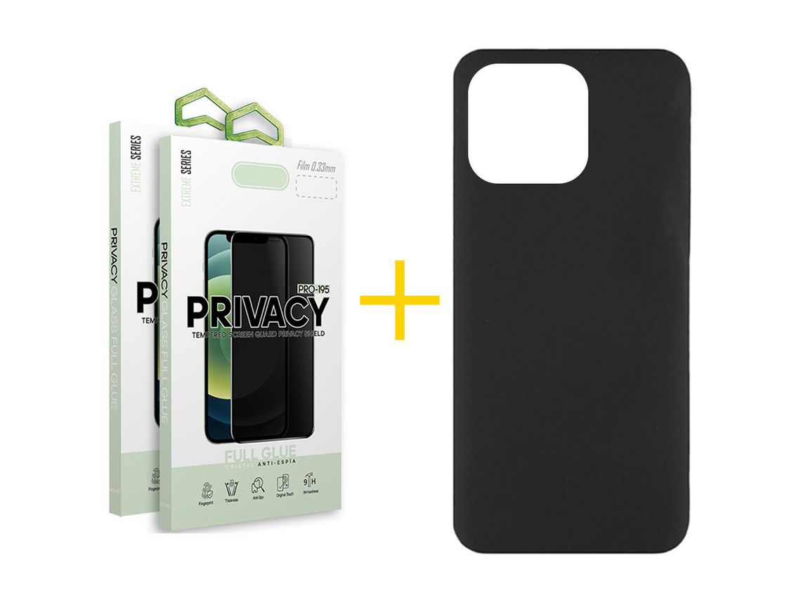 Conjunto 2 x Película de Vidro Temperado Anti-Spy + Capa skyhe Apple iPhone 14 Pro Silicone Líquido Preto