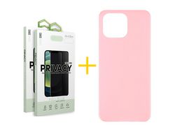 Conjunto 2 x Película de Vidro Temperado Anti-Spy + Capa skyhe Apple iPhone 14 Pro Silicone Liso Rosa