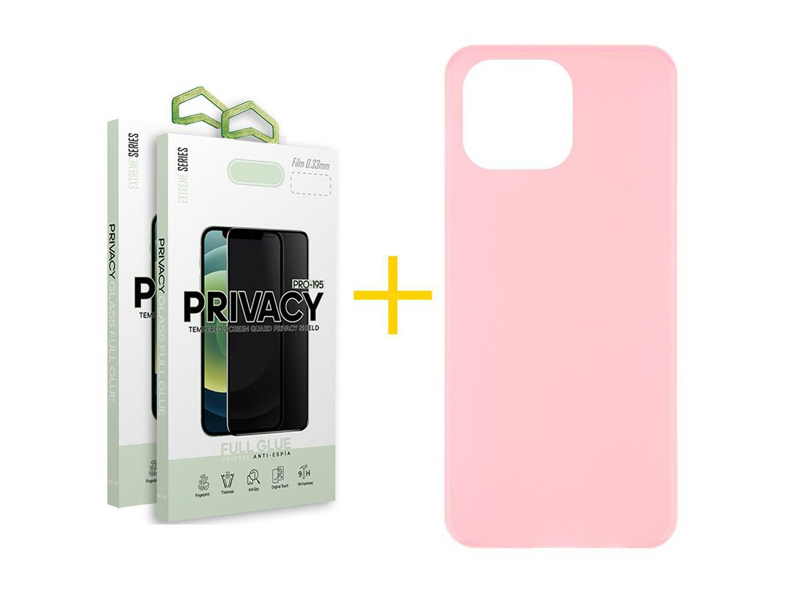 Conjunto 2 x Película de Vidro Temperado Anti-Spy + Capa skyhe Apple iPhone 14 Pro Silicone Liso Rosa
