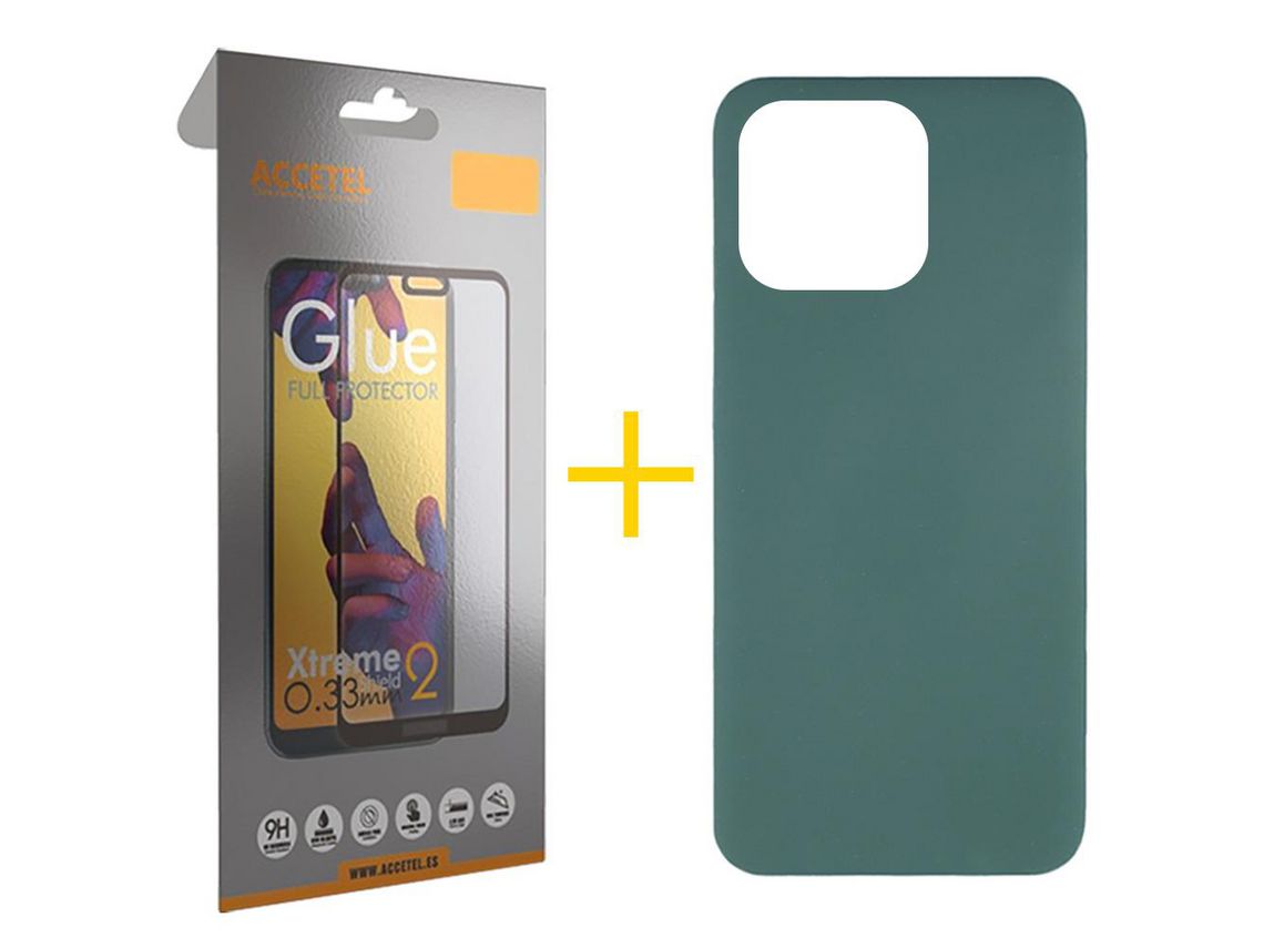 Conjunto 1 x Película de Vidro Temperado Full + Capa Accetel Apple iPhone 14 Pro Max Silicone Líquido Verde Escuro