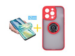 Conjunto 2 x Película de Hidrogel + Capa skyhe Apple iPhone 14 Pro Gel Bumper Ring Vermelho