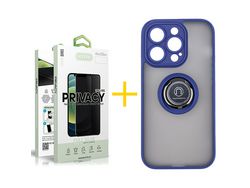 Conjunto 1 x Película de Vidro Temperado Anti-Spy + Capa Accetel Apple iPhone 14 Pro Max Gel Bumper Ring Azul
