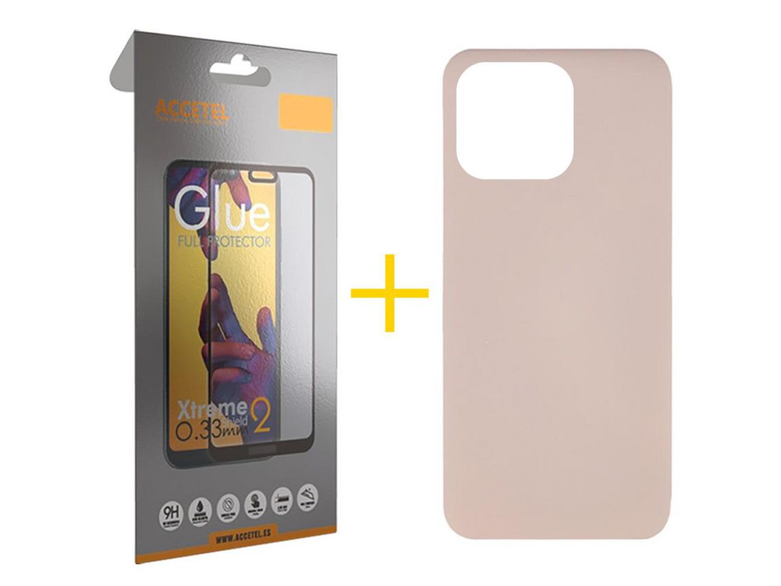 Conjunto 1 x Película de Vidro Temperado Full + Capa Accetel Apple iPhone 14 Pro Max Silicone Líquido Rosa-Creme