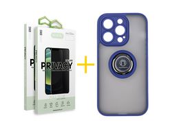 Conjunto 2 x Película de Vidro Temperado Anti-Spy + Capa Accetel Apple iPhone 14 Pro Max Gel Bumper Ring Azul