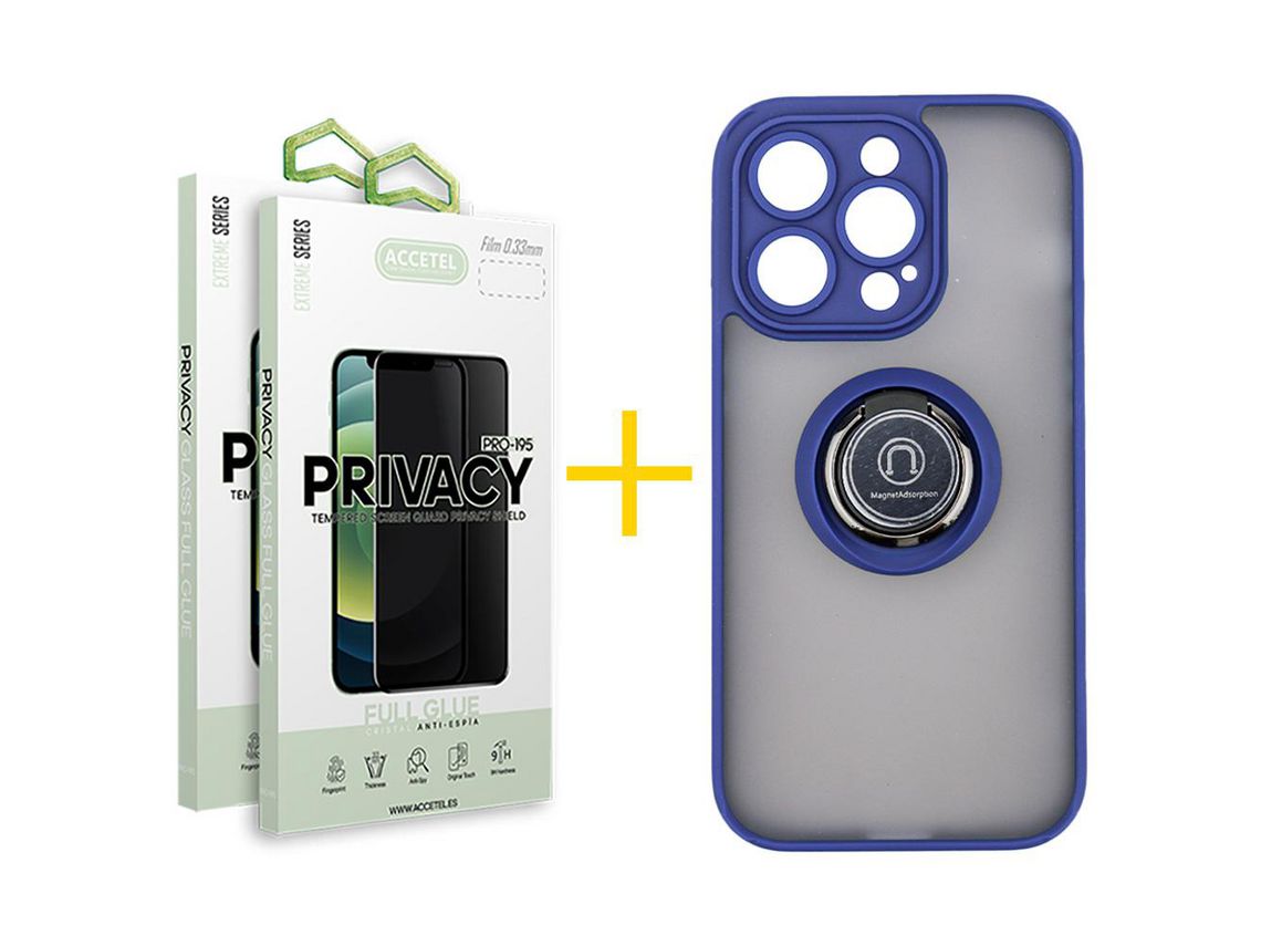 Conjunto 2 x Película de Vidro Temperado Anti-Spy + Capa Accetel Apple iPhone 14 Pro Max Gel Bumper Ring Azul