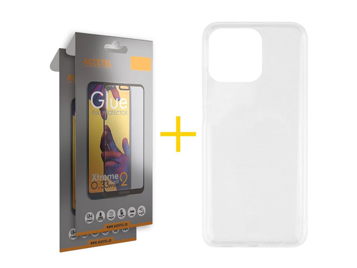 Conjunto 2 x Película de Vidro Temperado Full + Capa Accetel Apple iPhone 14 Pro Silicone Líquido Transparente Clear