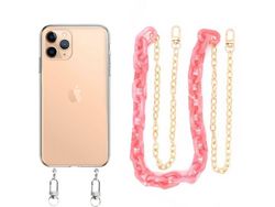 Capa Cristal com cordão corrente rosa para iPhone 14 Pro