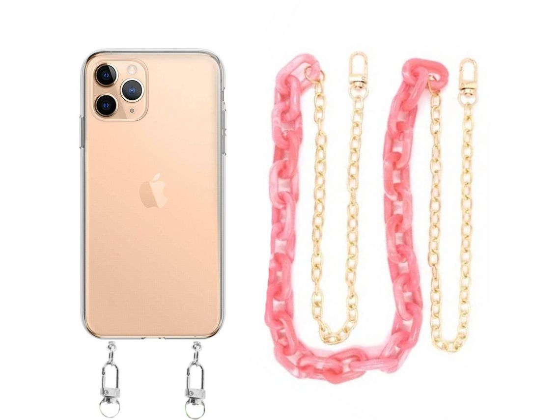 Capa Cristal com cordão corrente rosa para iPhone 14 Pro