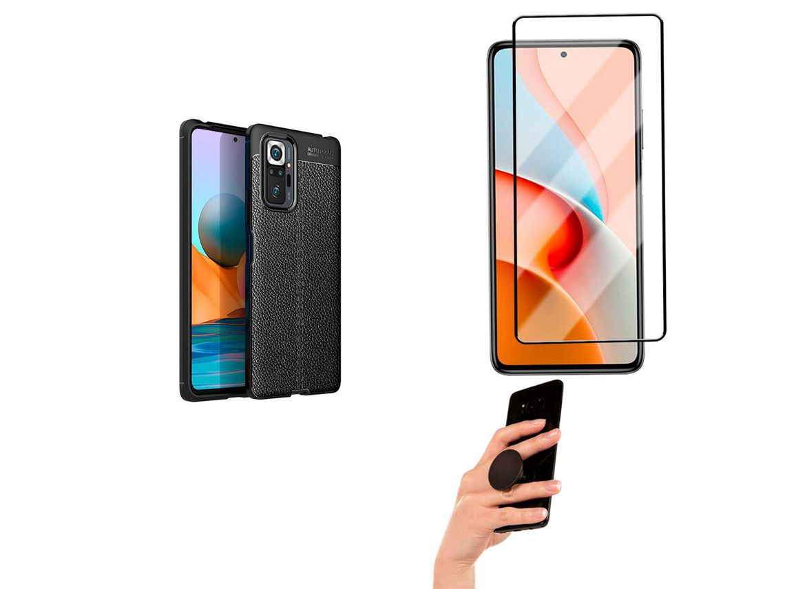 Kit Película Full cover + capa Rugged Leather + Popsocket Poco M5s