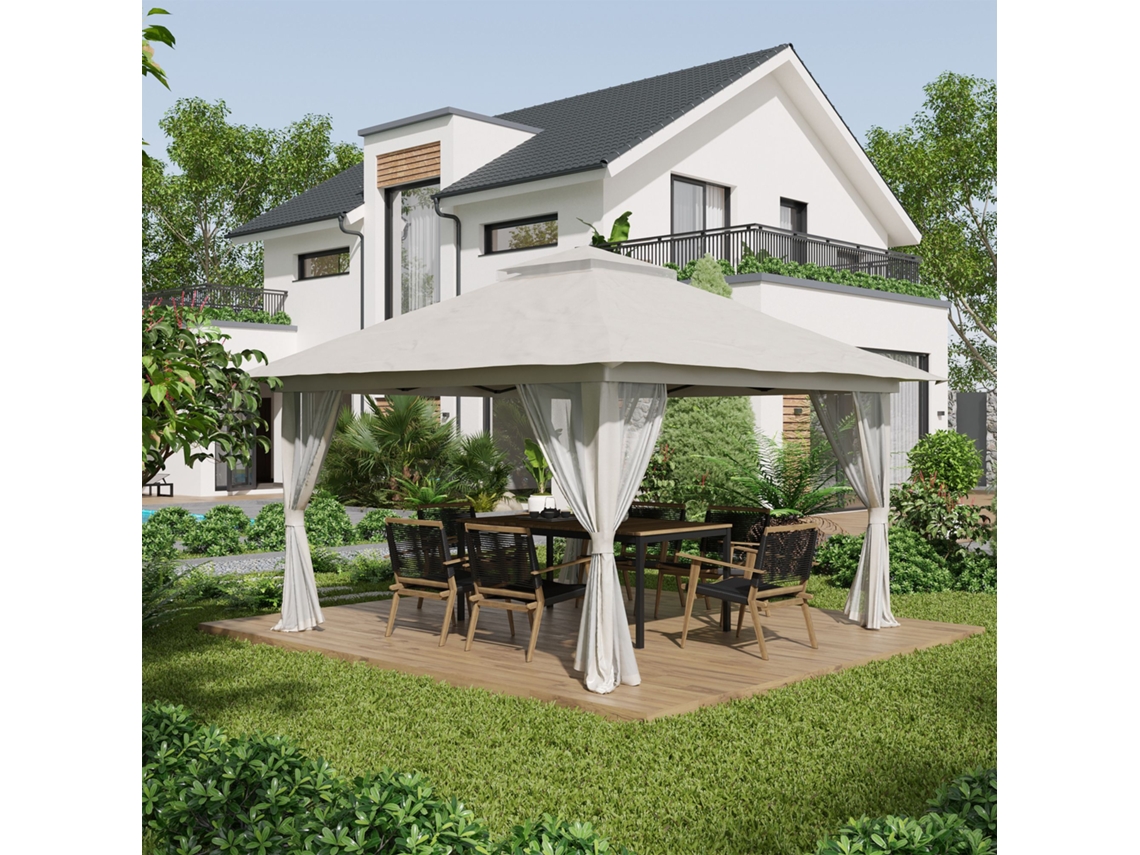 Barraca Dobrável Reclinável Creme 4x4x2,8 M, Com Telhado Duplo, Redes Mosquiteiras, Altura Ajustável E Proteção Uv50+