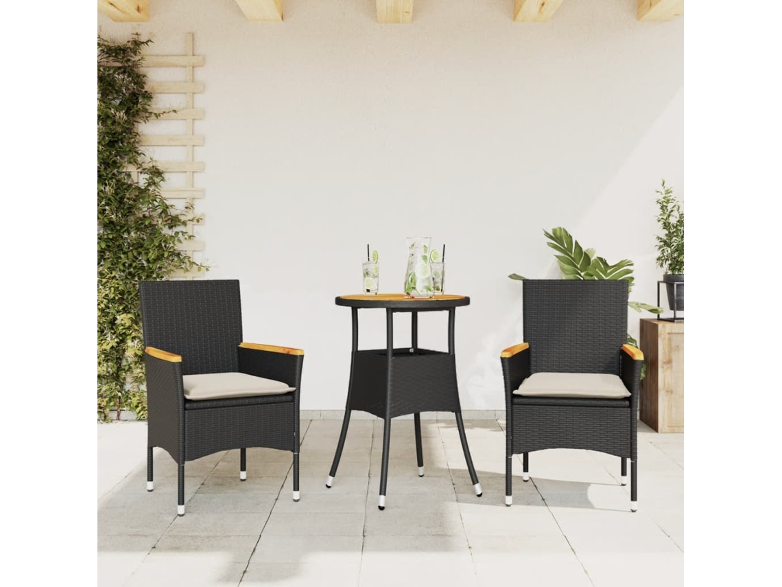 3 Pcs Conjunto Jantar Jardim C/ Almofadões Vime Pe/acácia Preto Dkd Home Decor