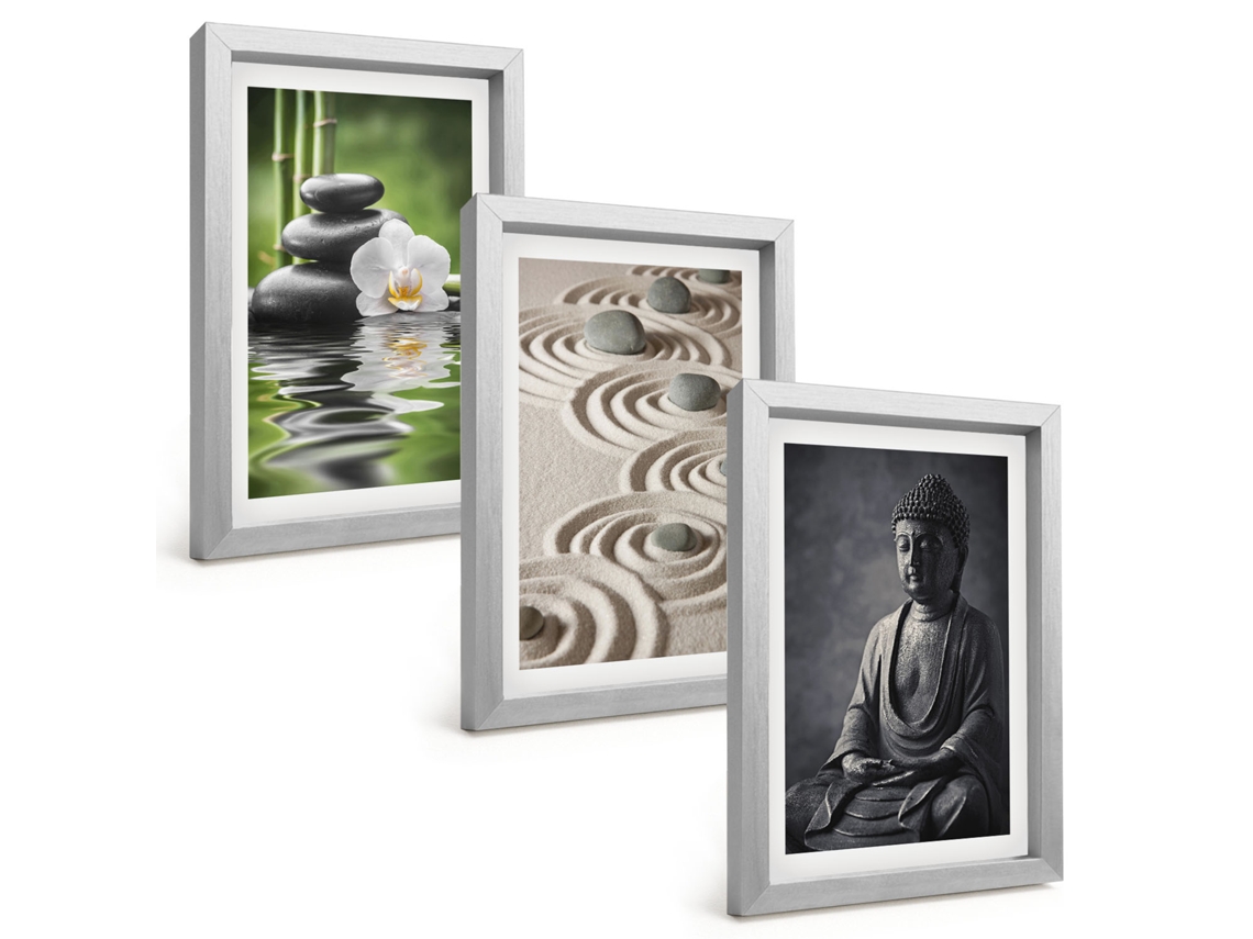 Galeria De Pinturas Muraisvista Relaxante, Buda, Zen Moldura Prateada Fotos Para O Escritório Espelharte (3 Peças 20x30 Cm)