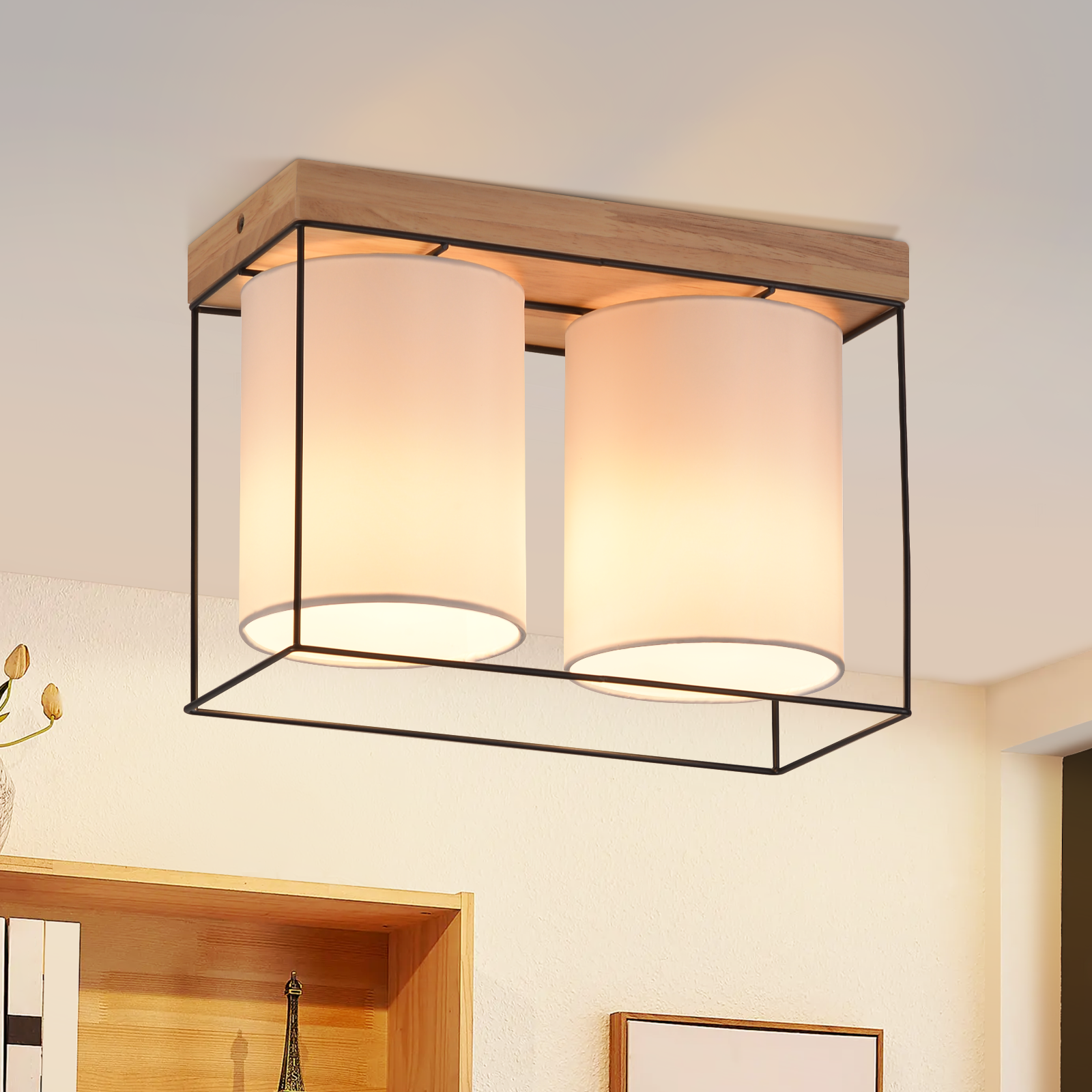 Nettlife Candeeiro De Teto Led Quarto Vintage Plafon Com 2 Luzesâmpadas E14 Madeira Com Retro Industrial, 25 W, 2,5 Cm, Para Uso Diário