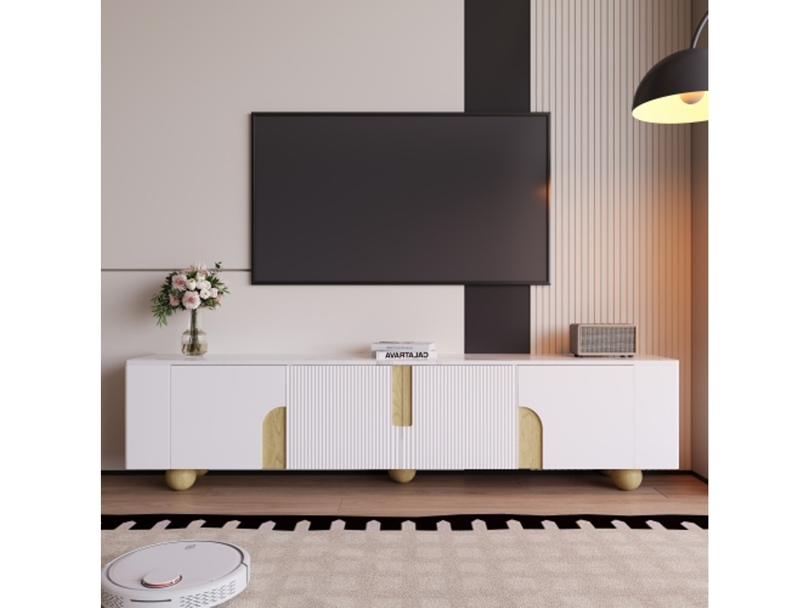 Rack De Tv Branco 180 Cm, 4 Portas, Design Elegante, Superfície Com Efeito Mármore, Pés Esféricos De Madeira Hvorstur
