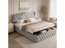 Cama De Casal Estofada 160x200cm Com Espaço De Arrumação, Cama Hidráulica Com Base De Ripas E Cabeceira Almofadada, Veludo, Cinzento, Simurq