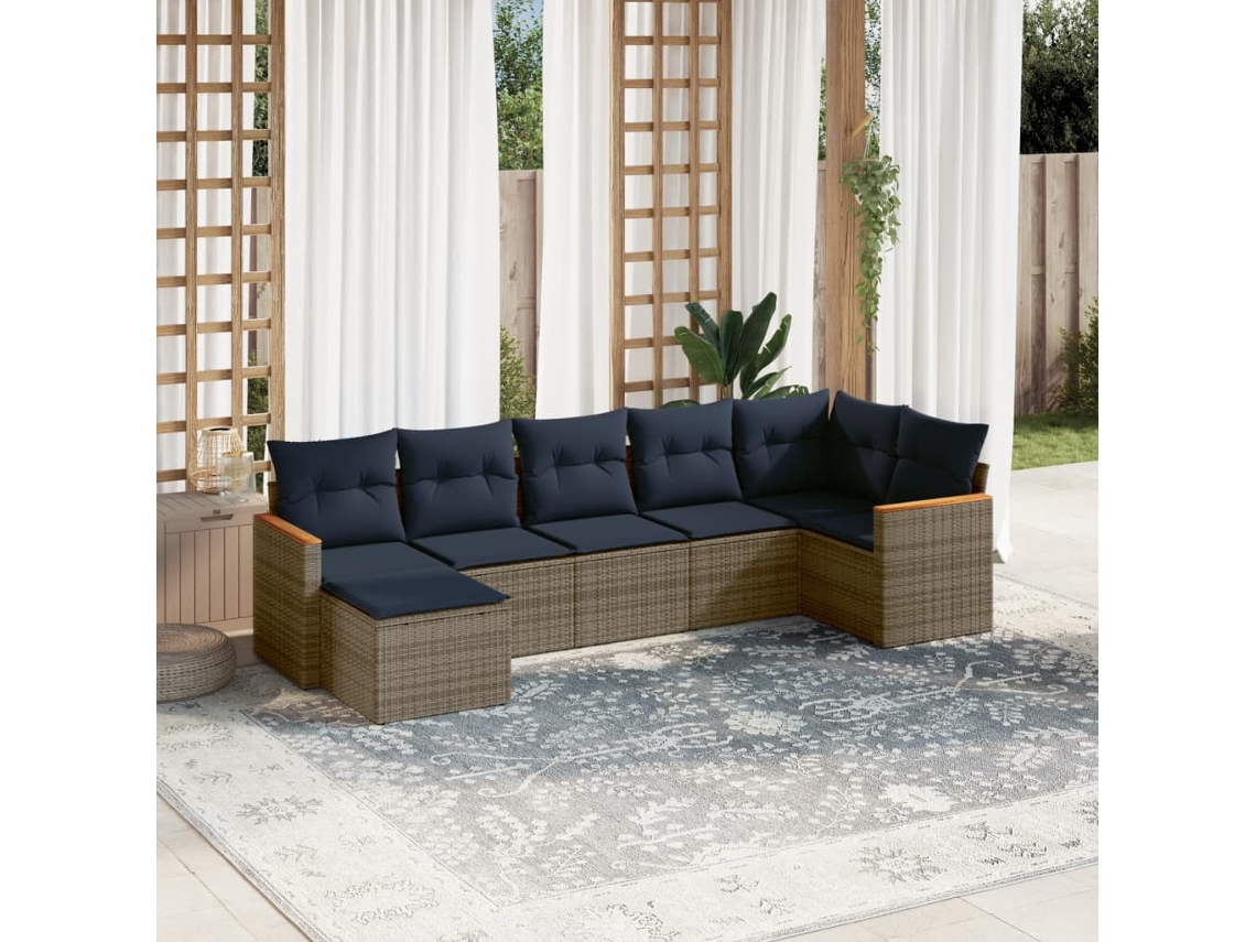Vidaxl Conjunto De Sofá De Jardim Com 7 Peças E Almofadas Em Rattan Sintético Cinza