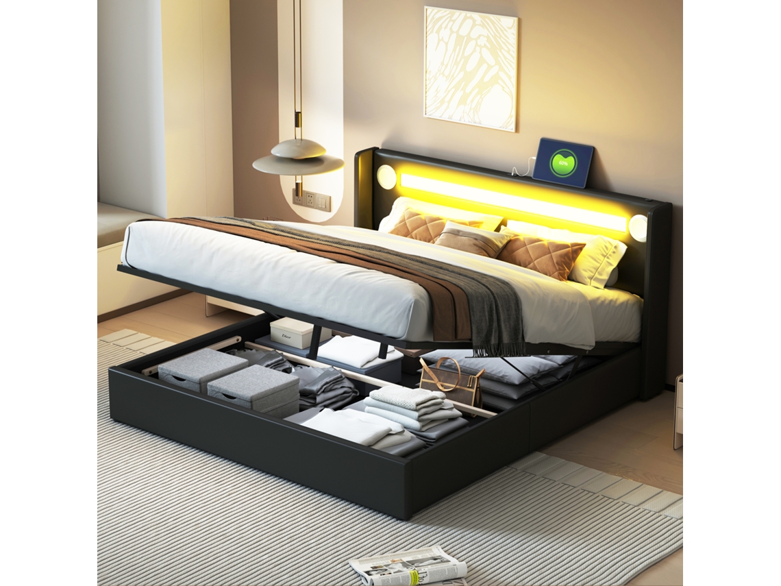 Cama Estofada Em Pu Preto 160x200 Cm