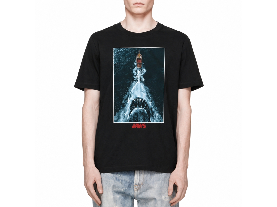 Rockinstone Jaws Movie Shark Chasing Boat Poster Black Adult T-shirt Size:l