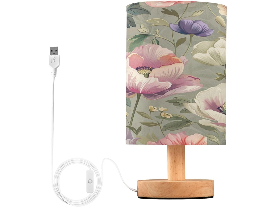 Luminária De Cabeceira Led Wildflowers Para Quarto, Luminária De Leitura Com Cúpula Tecido, Base De Madeira E Porta Usb