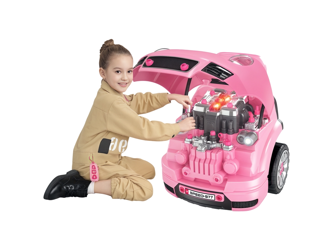 Motor de caminhão para crianças com 61 peças, volante, buzina, faróis, caixa de armazenamento e rodas 40x39x47 cm rosa S/MARCA